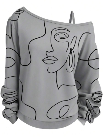 EMERY ROSE Plus Size Casual Stars And Moon Print Solid Color Asymmetric Collar Long Sleeve Sweatshirt Autumn And Winter,Fall Clothes For Women - Image 33