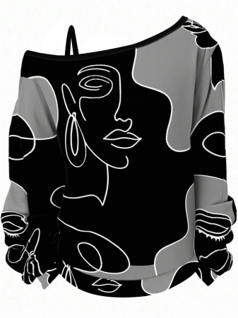 EMERY ROSE Plus Size Casual Stars And Moon Print Solid Color Asymmetric Collar Long Sleeve Sweatshirt Autumn And Winter,Fall Clothes For Women - Image 50