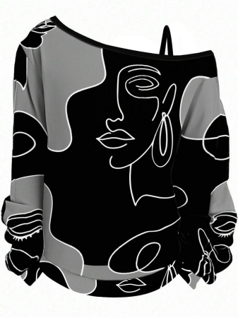 EMERY ROSE Plus Size Casual Stars And Moon Print Solid Color Asymmetric Collar Long Sleeve Sweatshirt Autumn And Winter,Fall Clothes For Women - Image 53