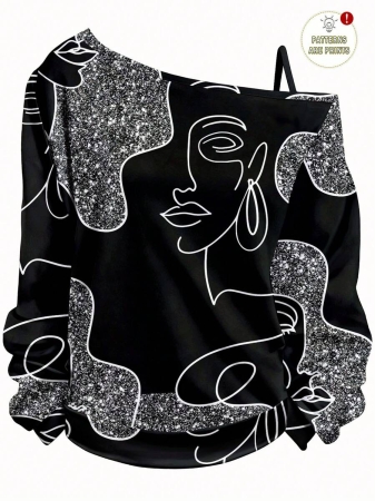 EMERY ROSE Plus Size Casual Stars And Moon Print Solid Color Asymmetric Collar Long Sleeve Sweatshirt Autumn And Winter,Fall Clothes For Women - Image 67