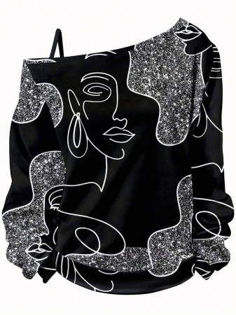 EMERY ROSE Plus Size Casual Stars And Moon Print Solid Color Asymmetric Collar Long Sleeve Sweatshirt Autumn And Winter,Fall Clothes For Women - Image 68