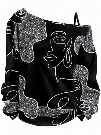 EMERY ROSE Plus Size Casual Stars And Moon Print Solid Color Asymmetric Collar Long Sleeve Sweatshirt Autumn And Winter,Fall Clothes For Women - Image 69