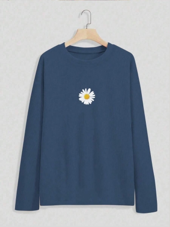 INAWLY Plus Size Crew Neck Daisy Print Long Sleeve Loose Casual T-Shirt Graphic Tees Women Tops For Spring Outfit, For Winter Fall Cloth For Women - Image 6