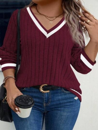 EMERY ROSE Plus Size Women Contrast Color Trim V-Neck, Cuffs, Hem Soft Wide Rib Knit Sweatshirt, Autumn/Winter Pullover Fall Outfit