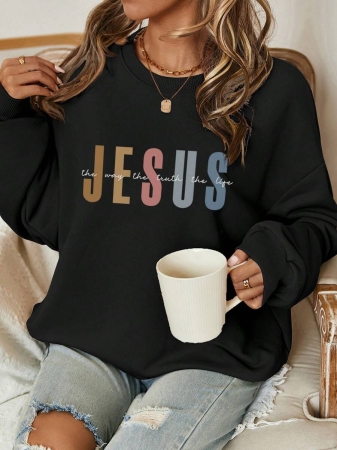 SHEIN LUNE Halloween & Teacher's Day Casual Minimalist Jesus & God Graphic Round Neck Loose Fit Long Sleeve Hoodie Sweatshirt For Women, Suitable For Autumn/Winter Fall - Image 2