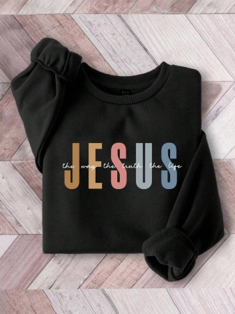 SHEIN LUNE Halloween & Teacher's Day Casual Minimalist Jesus & God Graphic Round Neck Loose Fit Long Sleeve Hoodie Sweatshirt For Women, Suitable For Autumn/Winter Fall - Image 5