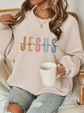 SHEIN LUNE Halloween & Teacher's Day Casual Minimalist Jesus & God Graphic Round Neck Loose Fit Long Sleeve Hoodie Sweatshirt For Women, Suitable For Autumn/Winter Fall - Image 8