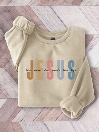 SHEIN LUNE Halloween & Teacher's Day Casual Minimalist Jesus & God Graphic Round Neck Loose Fit Long Sleeve Hoodie Sweatshirt For Women, Suitable For Autumn/Winter Fall - Image 10