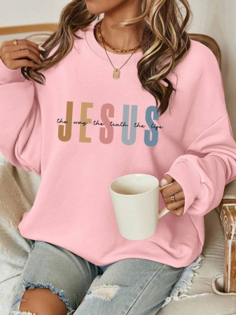 SHEIN LUNE Halloween & Teacher's Day Casual Minimalist Jesus & God Graphic Round Neck Loose Fit Long Sleeve Hoodie Sweatshirt For Women, Suitable For Autumn/Winter Fall - Image 16