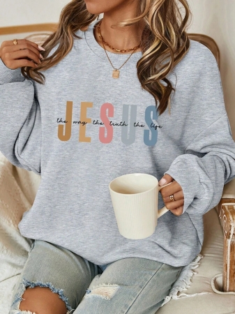 SHEIN LUNE Halloween & Teacher's Day Casual Minimalist Jesus & God Graphic Round Neck Loose Fit Long Sleeve Hoodie Sweatshirt For Women, Suitable For Autumn/Winter Fall - Image 20