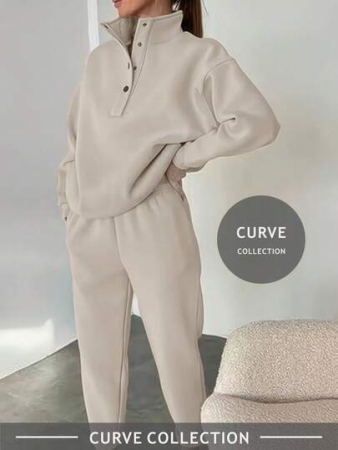 Plus Size Women's 2 - Pack Beige Sweatshirt Set | Half - Zip Button Sweatshirt & Elastic Waist Sweatpants | Chic, Casual & Country Style | Suitable For Fall, Winter, Spring | Daily Loungewear, Outings, Christmas Women's Clothing, Halloween Clothes For Women, Saudi National Day Clothes