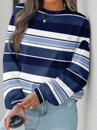 EMERY ROSE Casual Minimalist Striped Contrast Color Plus Size Sweatshirt For Women, Suitable For Autumn/Winter,Fall Clothes For Women
