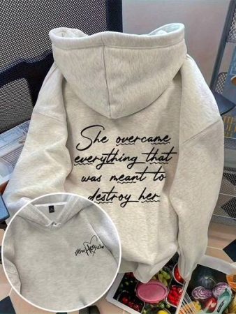 Flirla Plus Size Women's Letter Graphic Print Thermal Drawstring Hoodie