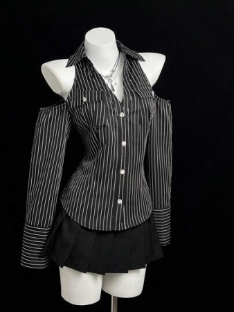 Elamini 1pc Women's V-Neck Striped Off-Shoulder Cinched Waist Long Sleeve Casual, Commute, Leisure Blouse