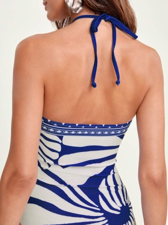 CAJUNI Floral Print Backless Halter One-Piece Swimsuit, Vacation & Beach - Image 8