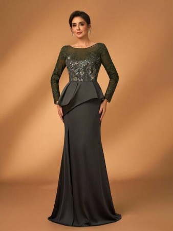 Serin Elegant Luxurious Pearl Sequin Lace Patchwork Elastic Satin Slit Fishtail Dress With Sheer Long Sleeves, Suitable For Weddings, Parties, Vacations, Galas, Bridal & Mother Of The Bride Dresses