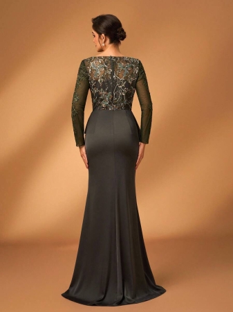 Serin Elegant Luxurious Pearl Sequin Lace Patchwork Elastic Satin Slit Fishtail Dress With Sheer Long Sleeves, Suitable For Weddings, Parties, Vacations, Galas, Bridal & Mother Of The Bride Dresses - Image 4