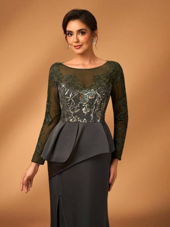 Serin Elegant Luxurious Pearl Sequin Lace Patchwork Elastic Satin Slit Fishtail Dress With Sheer Long Sleeves, Suitable For Weddings, Parties, Vacations, Galas, Bridal & Mother Of The Bride Dresses - Image 6