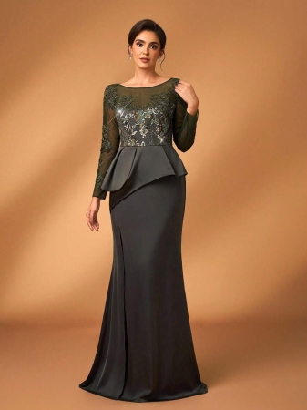 Serin Elegant Luxurious Pearl Sequin Lace Patchwork Elastic Satin Slit Fishtail Dress With Sheer Long Sleeves, Suitable For Weddings, Parties, Vacations, Galas, Bridal & Mother Of The Bride Dresses - Image 7