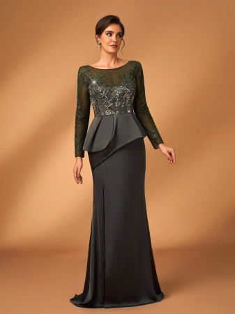 Serin Elegant Luxurious Pearl Sequin Lace Patchwork Elastic Satin Slit Fishtail Dress With Sheer Long Sleeves, Suitable For Weddings, Parties, Vacations, Galas, Bridal & Mother Of The Bride Dresses - Image 8