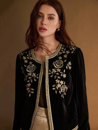MOTF PREMIUM BLACK VELVET EMBROIDERED FLORAL PATCHWORK JACKET - Image 2