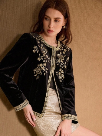MOTF PREMIUM BLACK VELVET EMBROIDERED FLORAL PATCHWORK JACKET - Image 6