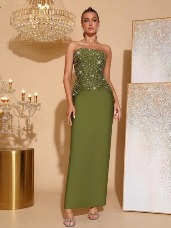 Sexy Women's Heavy Industry Pearl Sparkling Diamond Decoration Strapless Sleeveless Slit Bandage Dress, Suitable For Elegant Women's Dates, Bachelor Parties, Formal Occasions, Dances, Dinner Dresses, Party Dresses, Evening Dresses, Wedding Guest Dresses