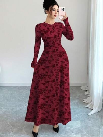 Modelyn Black Floral Silhouette Print Fashionable Round Neck Long Sleeve A-Line Dress For Women, Spring/Autumn