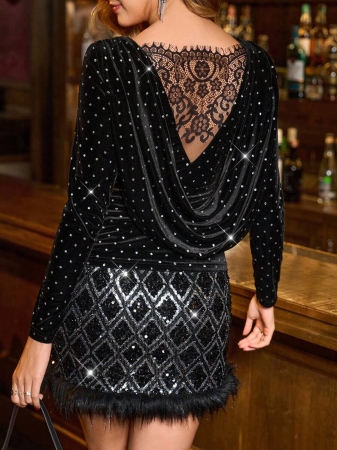 SHEIN Clasi Women's Slim Fit Velvet Long Sleeve T-Shirt, Black, Autumn/Winter Black Velvet T-Shirt, New Year's Eve Black T-Shirt, Glitter T-Shirt, Party Top For Women Black Rhinestone Top Sparkly Black Dress Rhinestone Dress Diamond Dress Luxury Dress For Womenchristmas Clothes For Women Winter Clothes For Women Cozy Fall And Winter Clothes For Women New Year Clothes Thanksgiving Outfit For Women Elegant Party Clothes Elegant Dress Women Sequin Clothessequin Top - Image 2