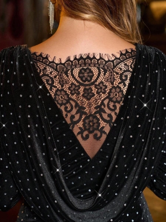 SHEIN Clasi Women's Slim Fit Velvet Long Sleeve T-Shirt, Black, Autumn/Winter Black Velvet T-Shirt, New Year's Eve Black T-Shirt, Glitter T-Shirt, Party Top For Women Black Rhinestone Top Sparkly Black Dress Rhinestone Dress Diamond Dress Luxury Dress For Womenchristmas Clothes For Women Winter Clothes For Women Cozy Fall And Winter Clothes For Women New Year Clothes Thanksgiving Outfit For Women Elegant Party Clothes Elegant Dress Women Sequin Clothessequin Top - Image 4