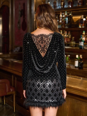 SHEIN Clasi Women's Slim Fit Velvet Long Sleeve T-Shirt, Black, Autumn/Winter Black Velvet T-Shirt, New Year's Eve Black T-Shirt, Glitter T-Shirt, Party Top For Women Black Rhinestone Top Sparkly Black Dress Rhinestone Dress Diamond Dress Luxury Dress For Womenchristmas Clothes For Women Winter Clothes For Women Cozy Fall And Winter Clothes For Women New Year Clothes Thanksgiving Outfit For Women Elegant Party Clothes Elegant Dress Women Sequin Clothessequin Top - Image 7