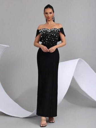 New Elegant Pearl Rhinestone Embellished V-Neck Backless Sleeveless Bodycon Maxi Bandage Dress, Sexy Women's Formal Evening Gown For Birthday Party, Formal Dinner, Carnival, Easter