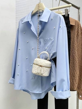 Resyla French Fashion Pearl Studded Long Sleeve Blue Women's Shirt, New Autumn Ladies Blouse, Fashionable Women's Casual Long Sleeve Shirt