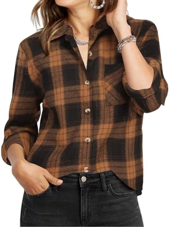 Women's Vintage Plaid Flannel Shirt With Lapel Collar, Long Sleeve Button Front Pocket Shirt Jacket For Casual Office, Home And Daily Wear In Fall Winter Spring - Image 2