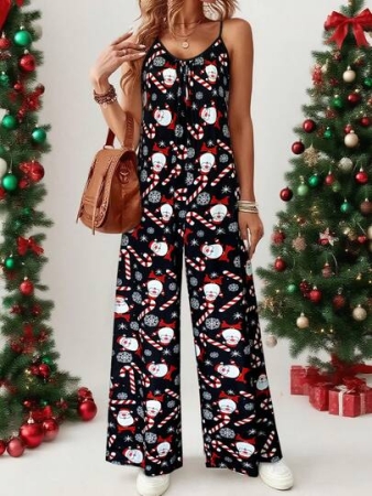 Women's Christmas Gingerbread Print Spaghetti Strap Jumpsuit, Festive Christmas Cookie Fashion Gingerbread Print Clothing, Ideal For Holiday Parties & Casual, Must - Have Winter Outfit, Stylish Xmas Clothes,Fashion Christmas Clothes ,Casual Fall Women Clothes