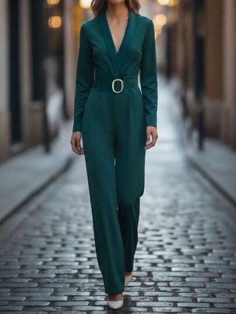 Lunelith SHEIN Lunessa Women's Solid Color Long Sleeve Elegant Wide Leg Wrap Waist Long Jumpsuit Fall Cloth For Women