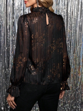 Solivie Women's Elegant Versatile Floral Print Ruffle Sleeve Mandarin Collar Blouse Blue And White Striped Base Shirt, Long Sleeves, Autumn Shirt, Wide French Style, Versatile Ruffled Shirt New Women's Autumn/Winter Clothing - Image 16