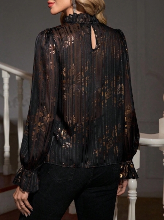 Solivie Women's Elegant Versatile Floral Print Ruffle Sleeve Mandarin Collar Blouse Blue And White Striped Base Shirt, Long Sleeves, Autumn Shirt, Wide French Style, Versatile Ruffled Shirt New Women's Autumn/Winter Clothing - Image 22