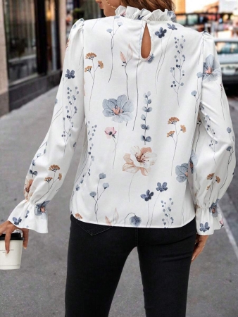 Solivie Women's Elegant Versatile Floral Print Ruffle Sleeve Mandarin Collar Blouse Blue And White Striped Base Shirt, Long Sleeves, Autumn Shirt, Wide French Style, Versatile Ruffled Shirt New Women's Autumn/Winter Clothing - Image 29