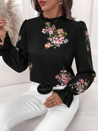 Solivie Women's Elegant Versatile Floral Print Ruffle Sleeve Mandarin Collar Blouse Blue And White Striped Base Shirt, Long Sleeves, Autumn Shirt, Wide French Style, Versatile Ruffled Shirt New Women's Autumn/Winter Clothing - Image 39