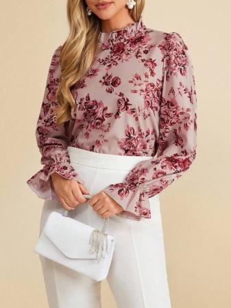 Solivie Women's Elegant Versatile Floral Print Ruffle Sleeve Mandarin Collar Blouse Blue And White Striped Base Shirt, Long Sleeves, Autumn Shirt, Wide French Style, Versatile Ruffled Shirt New Women's Autumn/Winter Clothing - Image 41