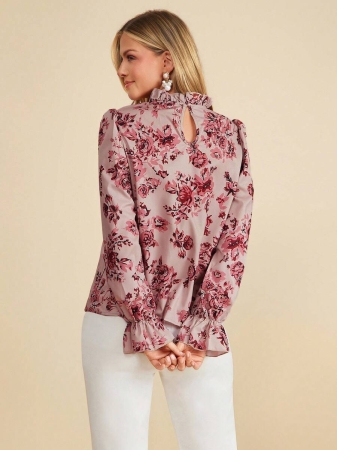 Solivie Women's Elegant Versatile Floral Print Ruffle Sleeve Mandarin Collar Blouse Blue And White Striped Base Shirt, Long Sleeves, Autumn Shirt, Wide French Style, Versatile Ruffled Shirt New Women's Autumn/Winter Clothing - Image 42