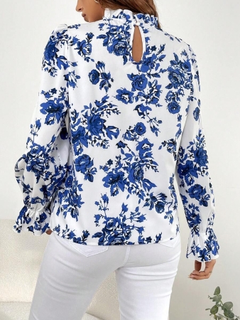 Solivie Women's Elegant Versatile Floral Print Ruffle Sleeve Mandarin Collar Blouse Blue And White Striped Base Shirt, Long Sleeves, Autumn Shirt, Wide French Style, Versatile Ruffled Shirt New Women's Autumn/Winter Clothing - Image 47