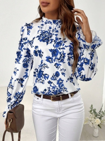 Solivie Women's Elegant Versatile Floral Print Ruffle Sleeve Mandarin Collar Blouse Blue And White Striped Base Shirt, Long Sleeves, Autumn Shirt, Wide French Style, Versatile Ruffled Shirt New Women's Autumn/Winter Clothing - Image 51