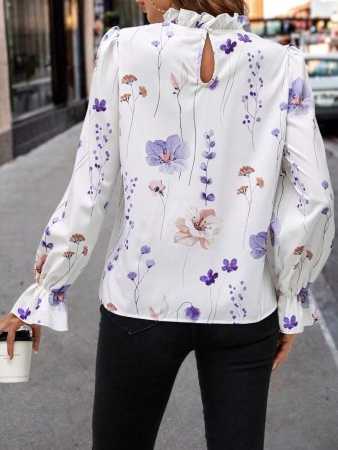 Solivie Women's Elegant Versatile Floral Print Ruffle Sleeve Mandarin Collar Blouse Blue And White Striped Base Shirt, Long Sleeves, Autumn Shirt, Wide French Style, Versatile Ruffled Shirt New Women's Autumn/Winter Clothing - Image 53