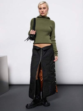 COUREZ Zip Up Nylon Maxi Skirt /Y2K Winter Outfits Going Out Outfit Black Skirt Sexy