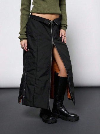 COUREZ Zip Up Nylon Maxi Skirt /Y2K Winter Outfits Going Out Outfit Black Skirt Sexy - Image 3