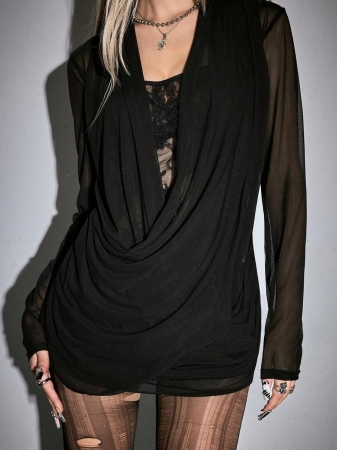 ROMWE Avant Women's Vintage Sexy 2 In 1 Lace Sheer Long Sleeve Top - Image 3