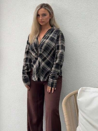 Jeta Ari Women's Plaid Ruffle Hem Long Sleeve Casual Side Split Hem Shirt