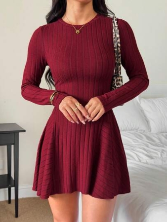 SHEIN PETITE Valentine's Day Women's Solid Color Round Neck Ribbed Casual Short Long Sleeve Mini Dress/Burgundy,New Years Women Outfit ,New Years Women Dress,New Year Party Dress,Dresses For Women Winter